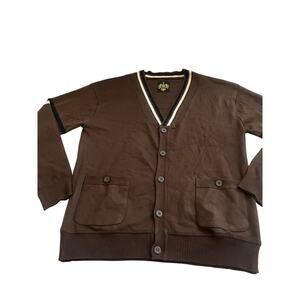 E&R Men’s Brown Cardigan Sweater XL Button Up Varsity Trim Pockets Retro Preppy